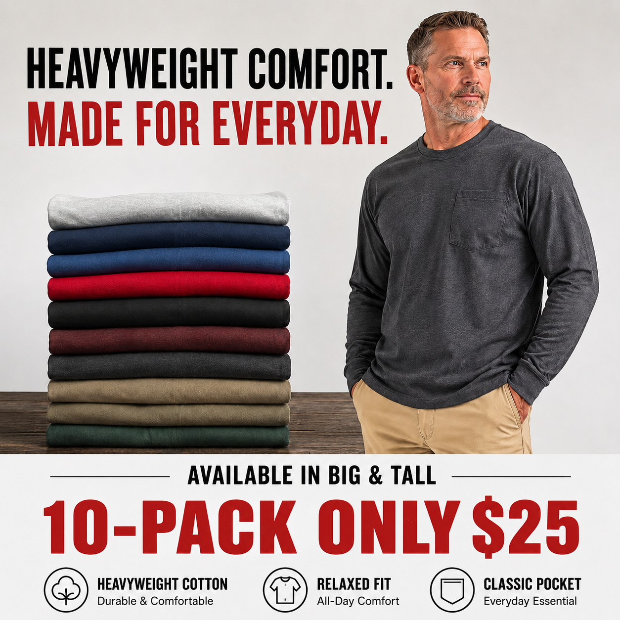 🔥Men's Heavyweight Cotton Pocket T-Shirt – Relaxed Fit Everyday Casual Tee | Big & Tall Available